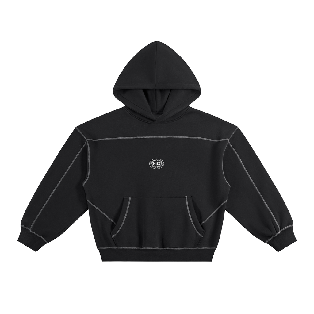 PBX Black Contrast-Stitched Boxy Fleece Hoodie