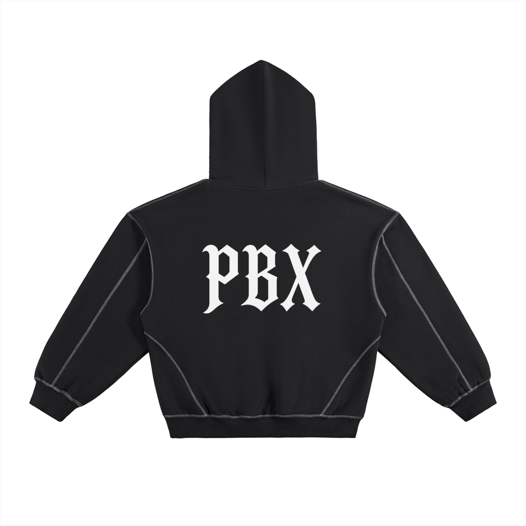 PBX Black Contrast-Stitched Boxy Fleece Hoodie